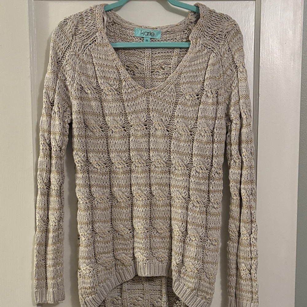 Karlie Light Gray & Gold V-Neck Sweater